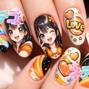 ポップでカラフル！キャラクターアートとハートが彩るキュートなオレンジ×ブラックネイル