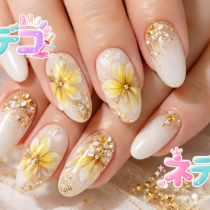 春の華やかキュートネイル！ホワイト×イエローで指先を彩る